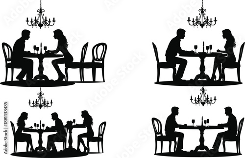 Romantic dinner silhouette vector illustration set featuring couples dining at table under chandelier, date night scenes, and restaurant shadow figures