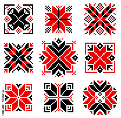 Set of ethnic elements isolated on white. Traditional geometrical ornament. Vyshyvanka icons collection. Cross stitch. Embroidery in black and red colors. Festive ornament