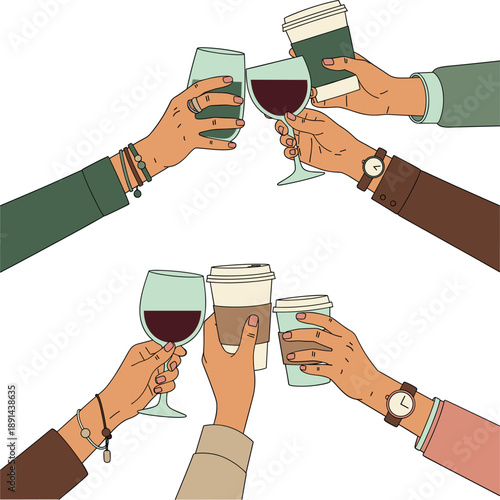 Hands holding wine glasses and coffee cups for a group toast illustration