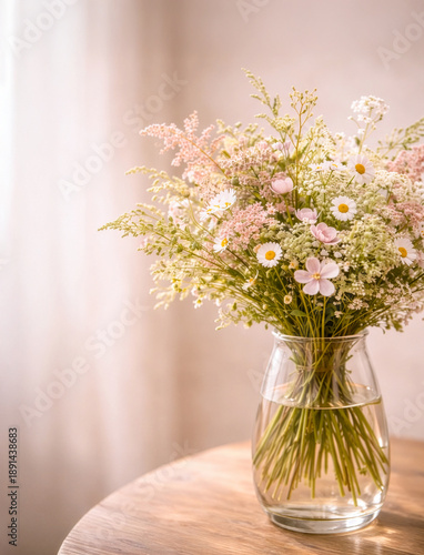 Wallpaper Mural Detailed view of wildflowers in a clear glass vase on wooden table Torontodigital.ca