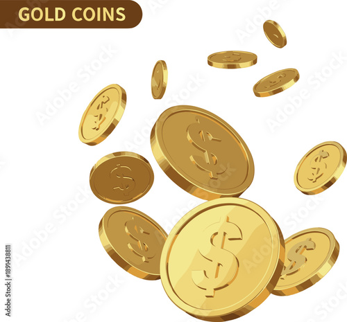 Scattered falling 3D gold coins with dollar sign for financial and wealth concepts