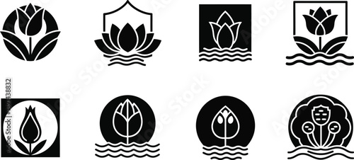 A collection of eight distinct black and white stylized floral logos featuring various interpretations of tulip and lotus designs suitable for branding and decorative purposes.