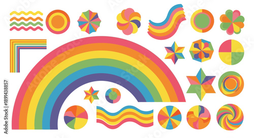 Vibrant assortment of rainbow colored shapes creating a joyful and whimsical design element