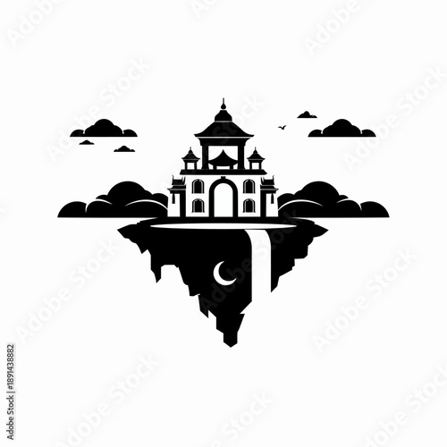 Majestic fantasy temple on a surreal floating island with clouds, waterfall, and crescent moon, black and white graphic illustration