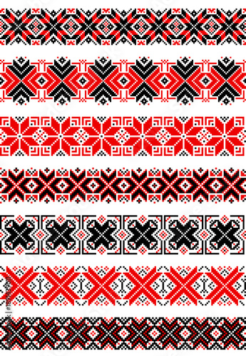 Set of ethnic patterns isolated on white. Traditional geometrical ornament. Ukrainian Vyshyvanka. Cross stitch. Embroidery in black and red colors . Seamless pattern in vector