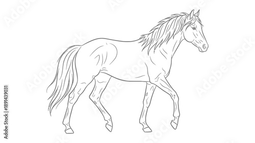 Majestic Horse Line Art: A detailed line drawing of a horse in profile, elegantly walking, showcasing the beauty of the animal's physique and graceful movement.