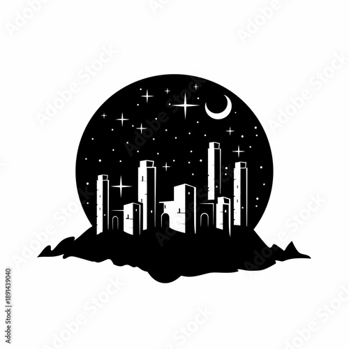 Mystical night city silhouette on a hill under a starry sky with a crescent moon. Fantasy graphic design illustration.