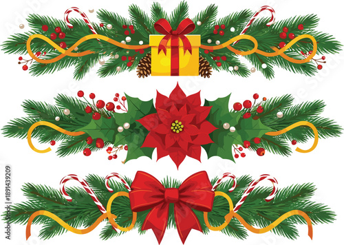 Christmas garland vector illustration set featuring pine branches poinsettia flowers candy canes bows ribbons berries and festive holiday decoration borders