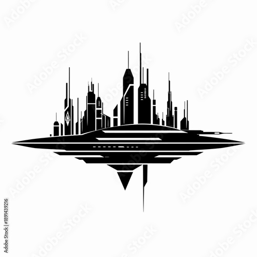 Futuristic floating city silhouette vector illustration, science fiction metropolis, future urban landscape on black and white background