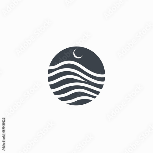 Abstract Night Ocean Waves and Crescent Moon in Circular Emblem Logo Design. Minimalist Water Ripple Icon or Symbol.