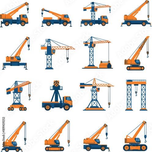 Professional vector icons of various construction cranes and heavy lifting machinery for industrial and engineering branding।