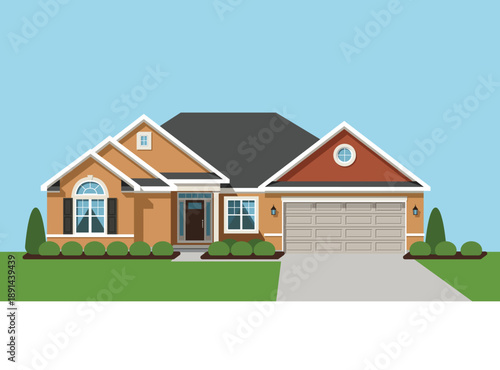 modern suburban house featuring an attached garage, green lawn, and blue sky. Perfect for real estate marketing, property investment, and residential architectural design concepts.