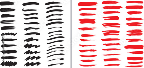 A collection of expressive black and red vector brush strokes, featuring various textures, widths, and hand-drawn ink effects for artistic design and digital painting.