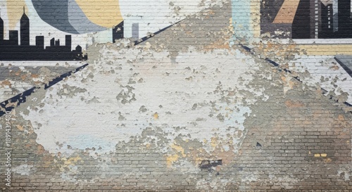 A weathered brick wall with a faded mural of a city skyline and graffiti on it.