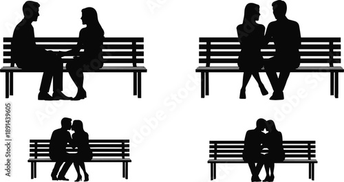 Couple sitting on bench silhouette vector illustration set featuring romantic dating poses, love moments, relationship scenes, and black shadow people figures