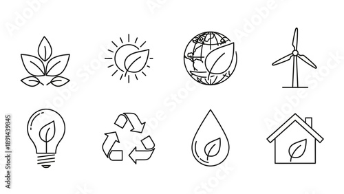 Eco-friendly icons set for sustainable living and renewable energy.