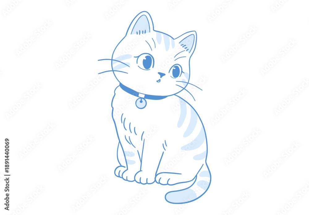 Obraz premium Cute cat doodle with hand drawn tabby kitten character featuring collar and bell art decoration