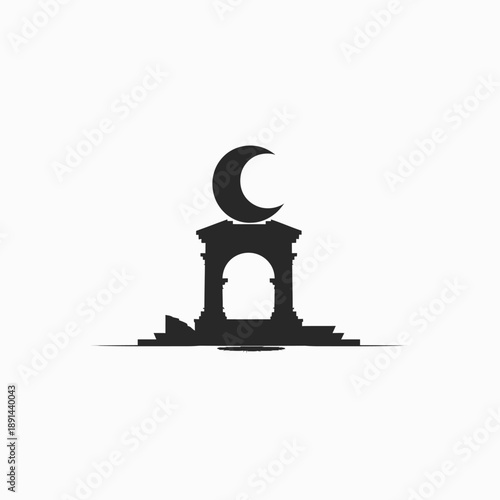 Ancient archway ruins silhouette with crescent moon on top. Minimalist graphic design element, historical landmark concept at night.