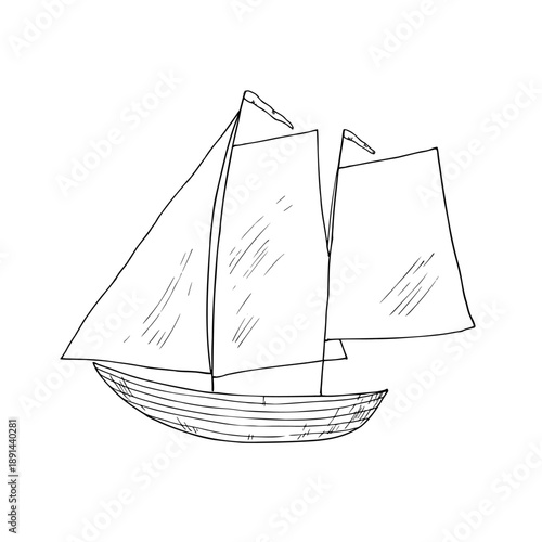 Vector wind sail boat. Hand painted linear fishing ship illustration. Graphic monochrome sketch isolated on background. For designers, prints, logo, icon, menu, postcards, holiday, cover