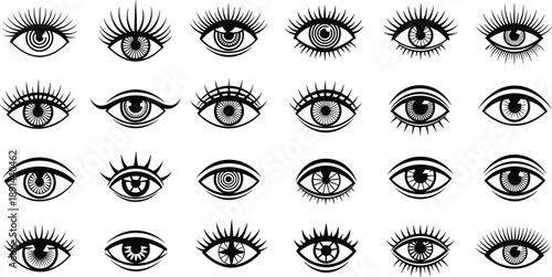 Eye line art vector illustration set featuring detailed eyelashes, iris designs, surreal gaze symbols, and black outline human vision icons collection