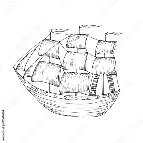 Vector wind sail boat. Hand painted linear fishing ship illustration. Graphic monochrome sketch isolated on background. For designers, prints, logo, icon, menu, postcards, holiday, cover