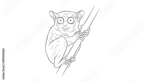 Curious Tarsier Perched on Branch: A minimalist black-and-white line drawing features a wide-eyed tarsier grasping a slender branch, showcasing its unique features in an artistic and elegant manner.