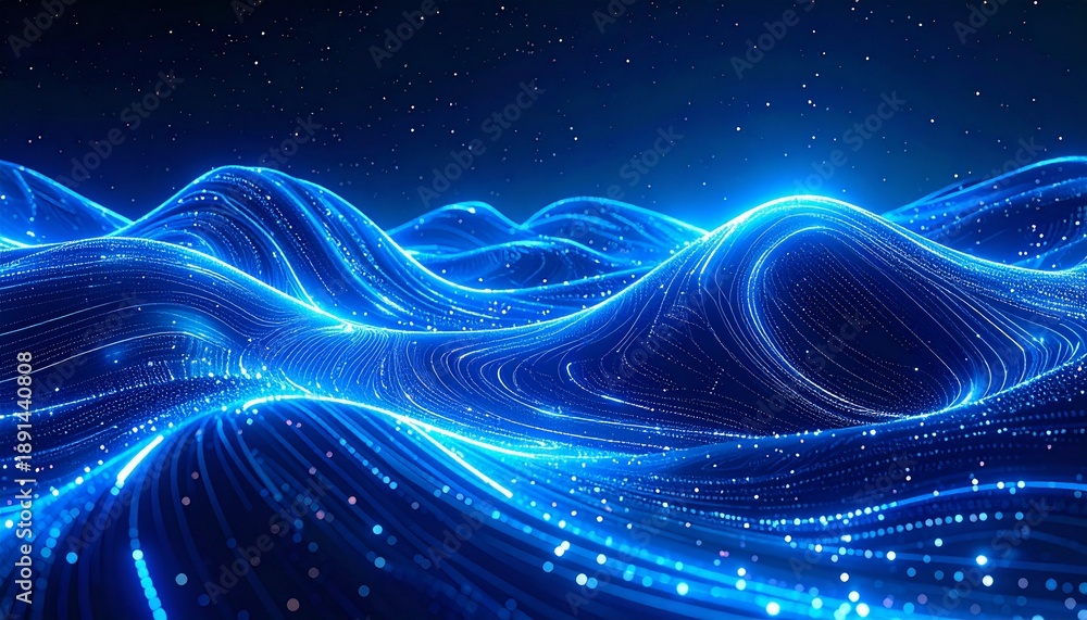 Fototapeta premium Abstract blue waves with glowing particles and digital lines.