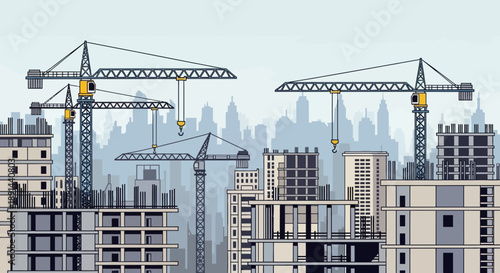 Construction Site with Cranes and Buildings in Cityscape.