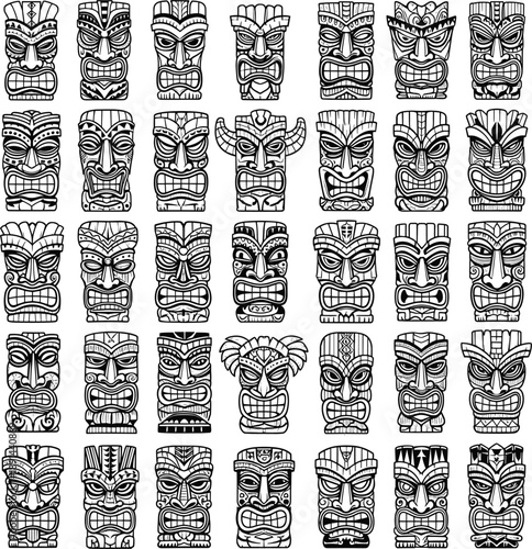 Professional black line vector illustrations of traditional tiki masks and indigenous totem poles for cultural art branding।