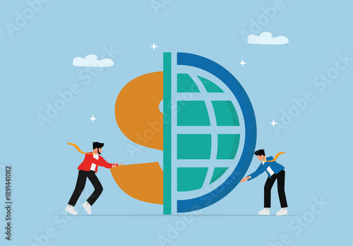 Global Financial Collaboration Concept with Business People Connecting Dollar Symbol and World Globe for International Economy, Trade, and Investment Integration