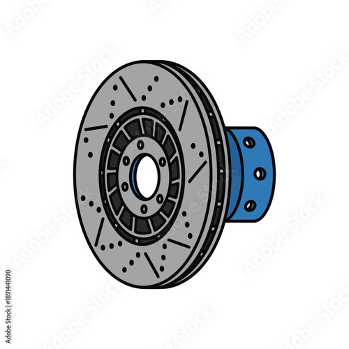 Illustrated Vented Car Brake Rotor Disc and Hub Component. Automotive Part Drawing for Mechanics and Safety Service.