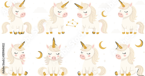 Collection of cute cartoon unicorns with stars and moons isolated on white background for kids.