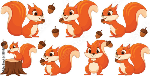 Collection of cute cartoon squirrel character in various poses with acorns isolated on white background.