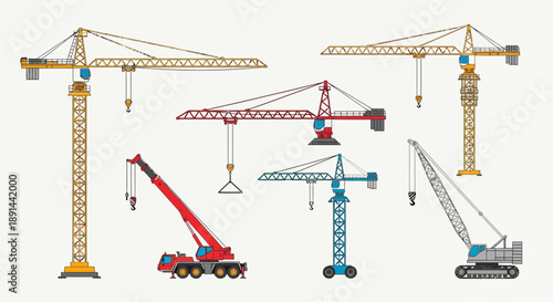 Diverse Array of Construction Cranes Tower Mobile and Crawler Cranes.