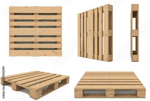 Professional vector illustrations of wooden shipping pallets from multiple perspectives for logistics and warehouse branding।