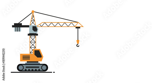 Illustration of a construction crane with a hook and treads.