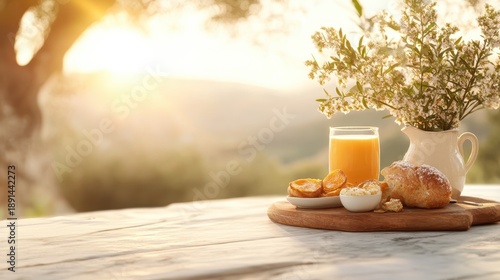 A delicious breakfast spread featuring fresh orange juice, pastries, and flowers brings warmth and joy, capturing the essence of a peaceful morning in a sunlit outdoor setting.