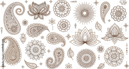 Mehndi floral ornament vector illustration set featuring paisley shapes, mandala patterns, lotus flowers, henna tattoo designs, and decorative ethnic elements