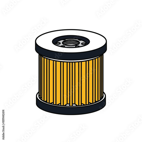 Isometric Oil Filter Element Vector Illustration. Automotive maintenance part icon for car service, engine repair, and mechanical engineering projects isolated on white.