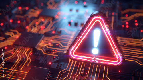 Electronic circuit board with glowing red warning sign indicating danger or technical issue