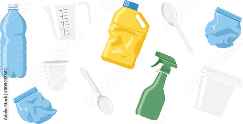 Plastic waste and household container vector illustration set featuring bottles, detergent jugs, cups, spoons, spray cleaners, and recycling pollution elements