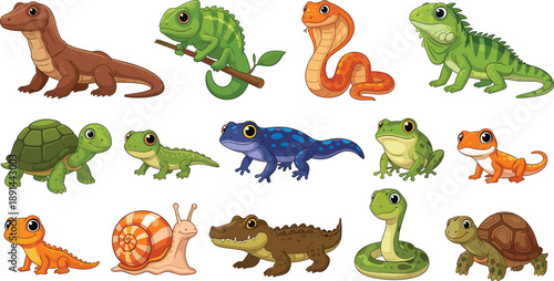 Collection of cute cartoon reptiles, amphibians, and exotic lizards isolated on white background.