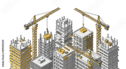 Isometric City Construction Cranes Building Skyscrapers in a Growing Metropolis.