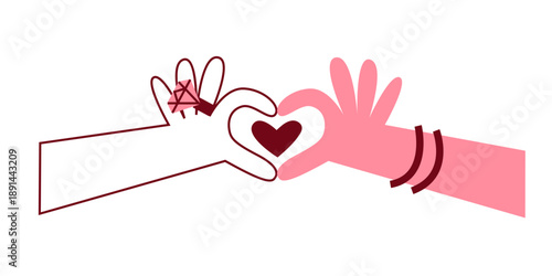 Two hands forming a heart shape with fingers. Interracial friendship, diversity, love, unity and connection concept. Valentine's day symbol. Minimal modern vector illustration.