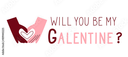 Will you be my galentine quote lettering. Hand forms a heart symbol with fingers. Nonromantic relationship concept. Friendship celebration on Valentines day.