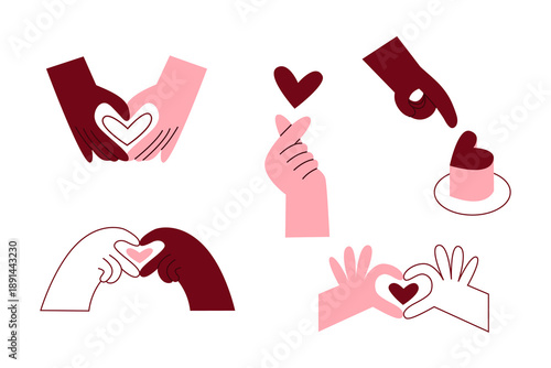 Hands forming a heart shape set. Love and interracial romantic relationships concept. Diverse valentines day and multicultural friendship. Modern minimal vector illustration.