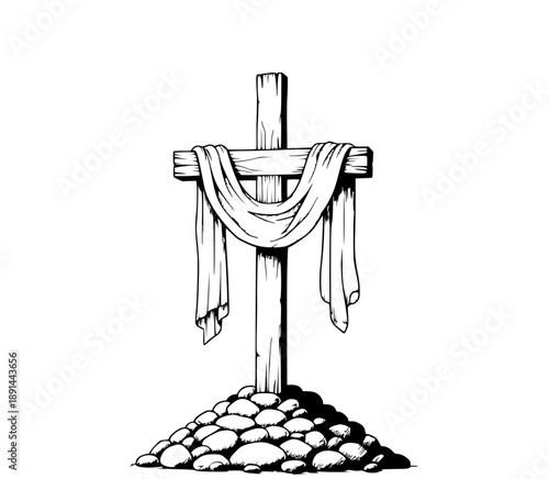 Christian Wooden Cross with Shroud on Calvary Hill, Hand-Drawn Sketch Style. A detailed black and white illustration of a rugged wooden cross draped with a white cloth shroud.