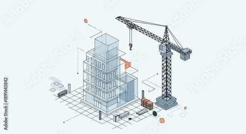 Isometric Construction Site with Crane and Building Framework Illustration.