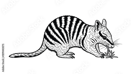 Rare Quokka in Monochrome: A detailed monochrome illustration of a quokka, showcasing its distinctive striped pattern and endearing features as it forages in a simple, artistic style.