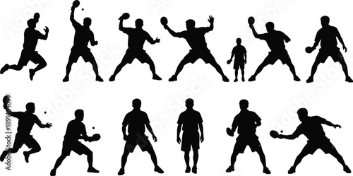 Handball player silhouettes set showing dynamic throwing, passing, and jumping actions, isolated black athletes for sports training, motion, and vector design